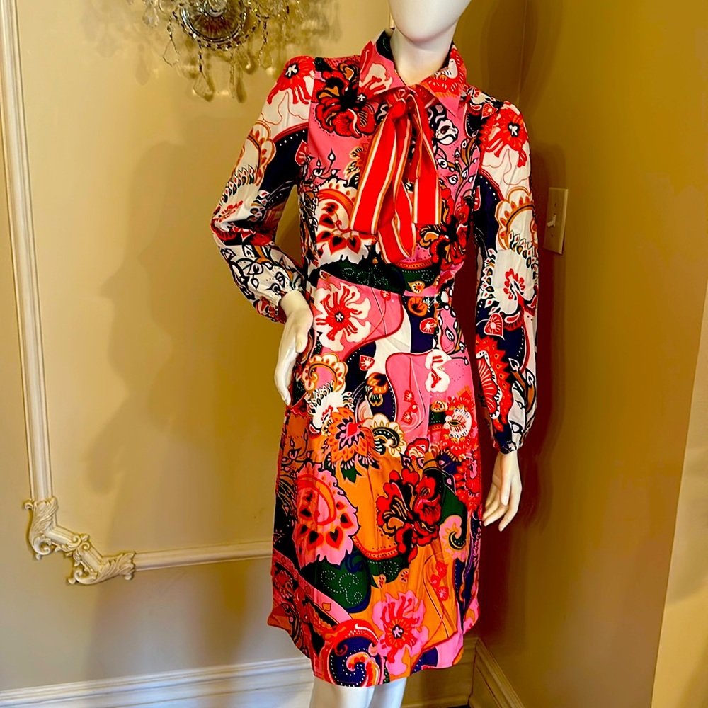 Vibrant Floral Tie-Neck Midi Dress - Pink Multi
